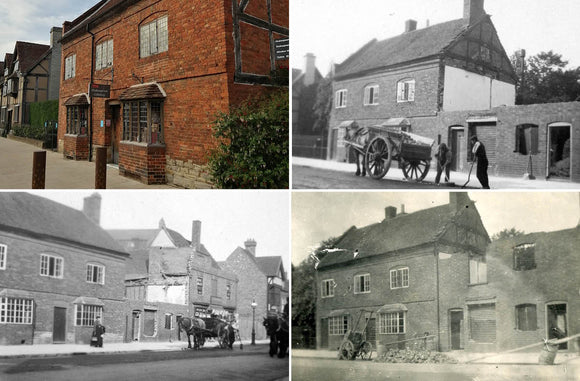The Shakespeare Shop, Hornby Cottage Henley Street Stratford upon Avon today and in  early 1900s during the demolition of the adjoining property.