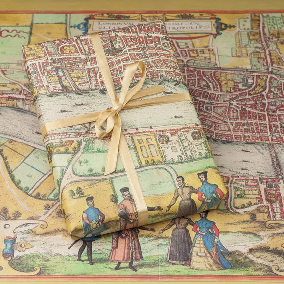 A present wrapped with gift wrap featuring a 1572 map of Tudor London in Shakespeare Birthplace Trust.s collection. From the book a Shakespeare Motley