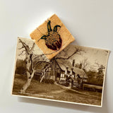 Cream-coloured stone magnet featuring a striking embroidery motif of a strawberry from an unfinished woman’s coif. The magnet is holding a black and white photograph on a white fridge door.