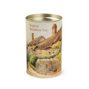 A drum box of tea featuring an atmospheric pastel watercolour painting of Anne Hathaway's Cottage.