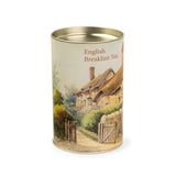 A drum box of tea featuring an atmospheric pastel watercolour painting of Anne Hathaway's Cottage.