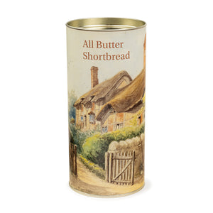 A drum box of shortbread biscuits featuring an atmospheric pastel watercolour painting of Anne Hathaway's Cottage.