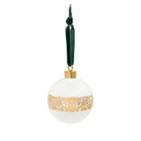 White ceramic bauble decoration with golden patterns from the First Folio and Shakespeare's initials, hung from a bluish green velvet ribbon.