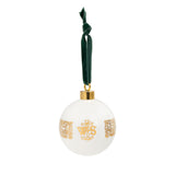White ceramic bauble decoration with golden patterns from the First Folio and Shakespeare's initials, hung from a bluish green velvet ribbon.
