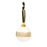 White ceramic bauble decoration with golden patterns from the First Folio and Shakespeare's initials, hung from a green velvet ribbon.