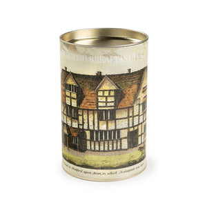 Tea drum container featuring an old coloured drawing of Shakespeare's Birthplace, with a dog in the foreground. Under the drawing the handwritten text says 'The House in Stratford upon Avon, in which Shakespeare was born'.