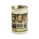 Tea drum container featuring an old coloured drawing of Shakespeare's Birthplace, with a dog in the foreground. Under the drawing the handwritten text says 'The House in Stratford upon Avon, in which Shakespeare was born'.