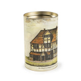 Tea drum container featuring an old coloured drawing of Shakespeare's Birthplace, with a dog in the foreground. Under the drawing the handwritten text says 'The House in Stratford upon Avon, in which Shakespeare was born'.