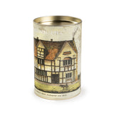 Tea drum container featuring an old coloured drawing of Shakespeare's Birthplace, with a dog in the foreground. Under the drawing the handwritten text says 'The House in Stratford upon Avon, in which Shakespeare was born'.