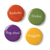 Four bright colourful (yellow, red,green and purple) button badges on a white background.