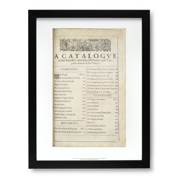 Framed First Folio Print ‘A Catalogue of Plays’