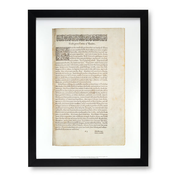 Framed First Folio Print 'To the great Variety of Readers'